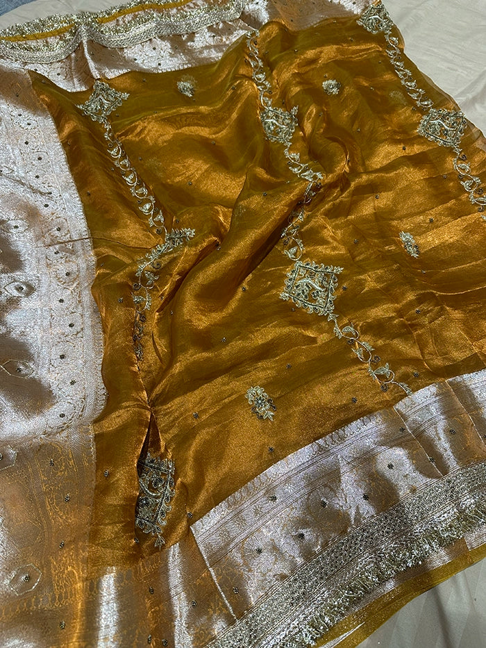 VERTICAL FLORAL PURE TISSUE SAREE - MUSTARD GOLD