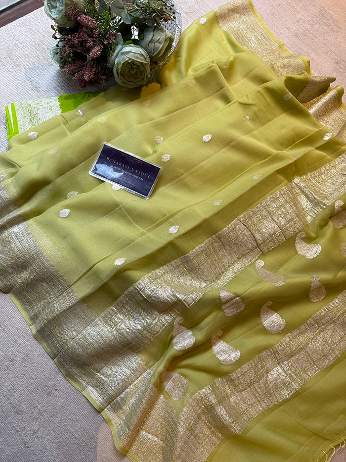 KHADDI CHIFFON SILVER ZARI KADHUWA SAREE - LIME GREEN