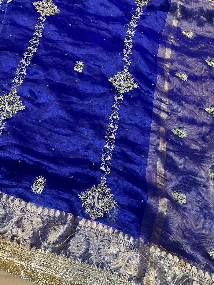 VERTICAL FLORAL PURE TISSUE SAREE - ROYAL BLUE