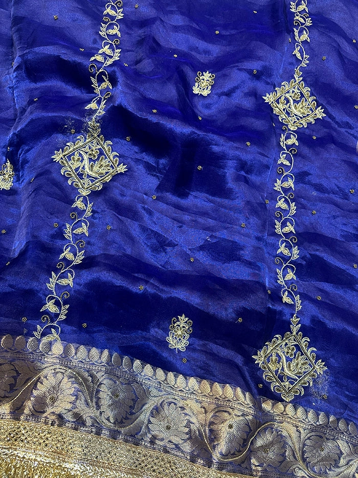 VERTICAL FLORAL PURE TISSUE SAREE - ROYAL BLUE