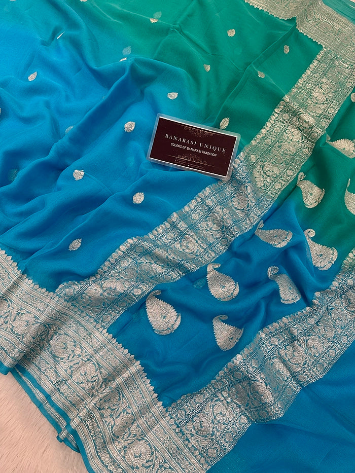 KHADDI CHIFFON SILVER ZARI KADHUWA SAREE - DUAL SHADE 2D