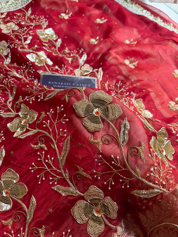 PETAL FLOWER and VINES HEAVY EMBROIDERED - RED