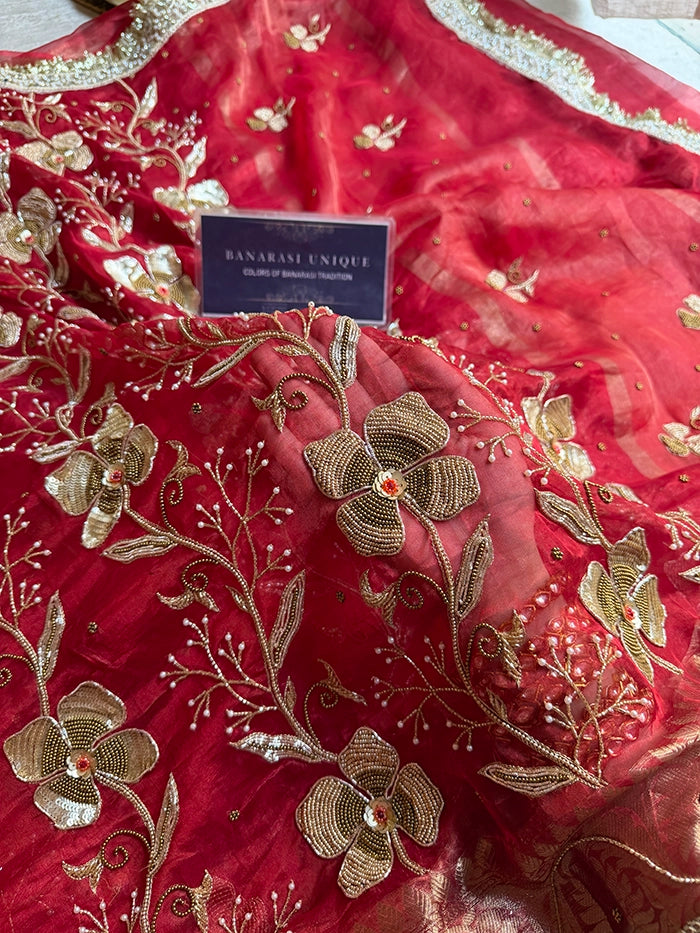 PETAL FLOWER and VINES HEAVY EMBROIDERED - RED