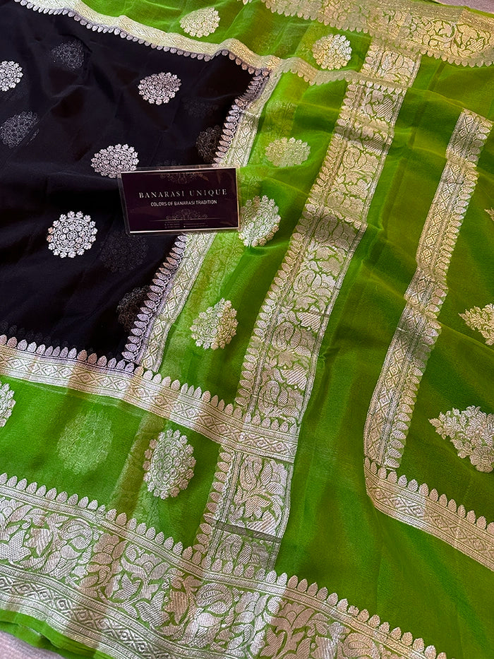 KHADDI CHIFFON DOUBLE BORDER SAREE - CONTRAST BORDER BLACK WITH GREEN