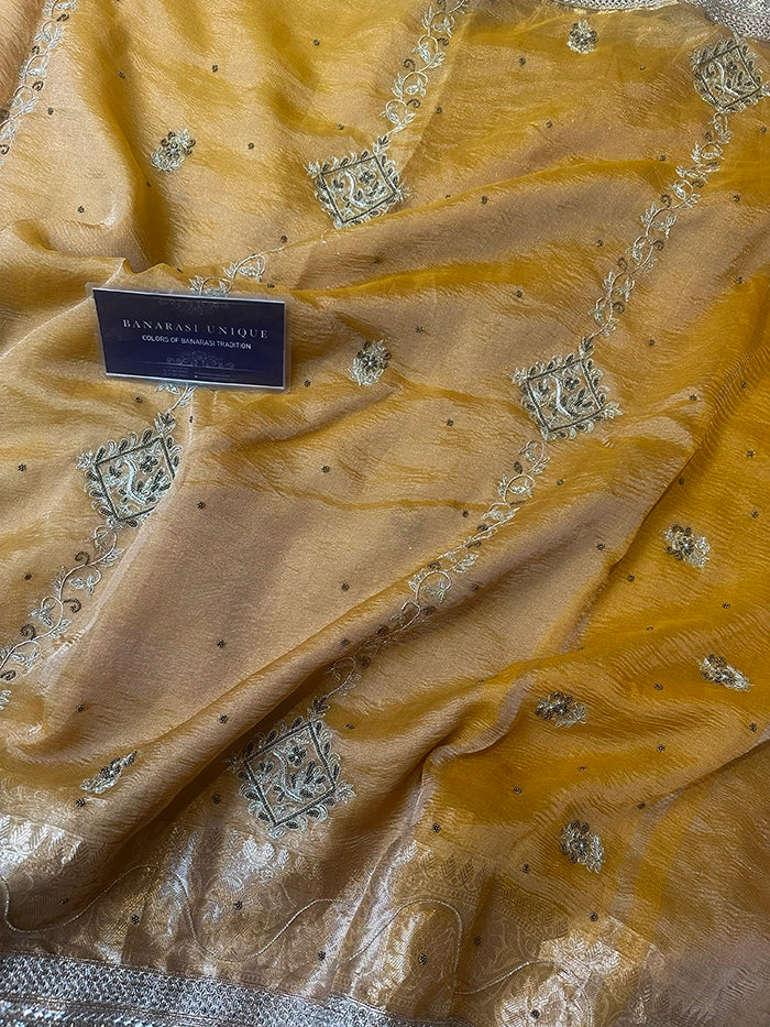 VERTICAL FLORAL PURE TISSUE SAREE - MUSTARD