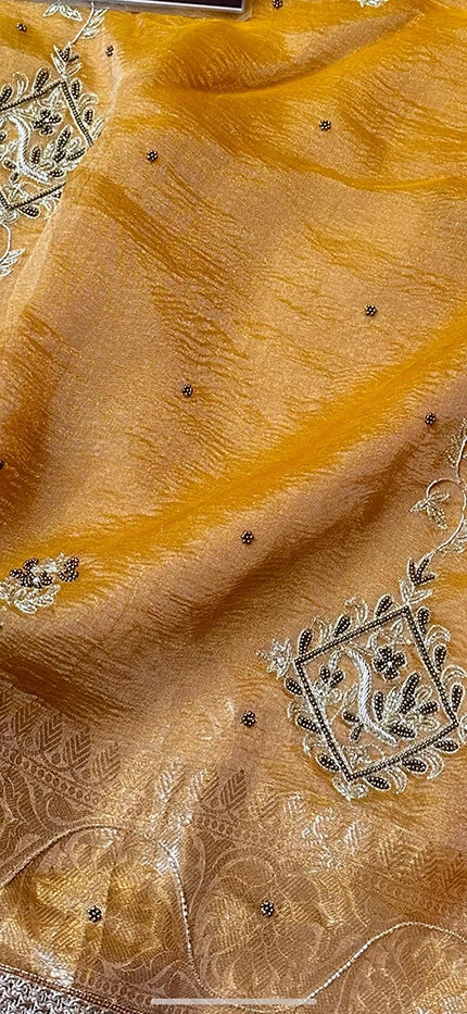 VERTICAL FLORAL PURE TISSUE SAREE - MUSTARD
