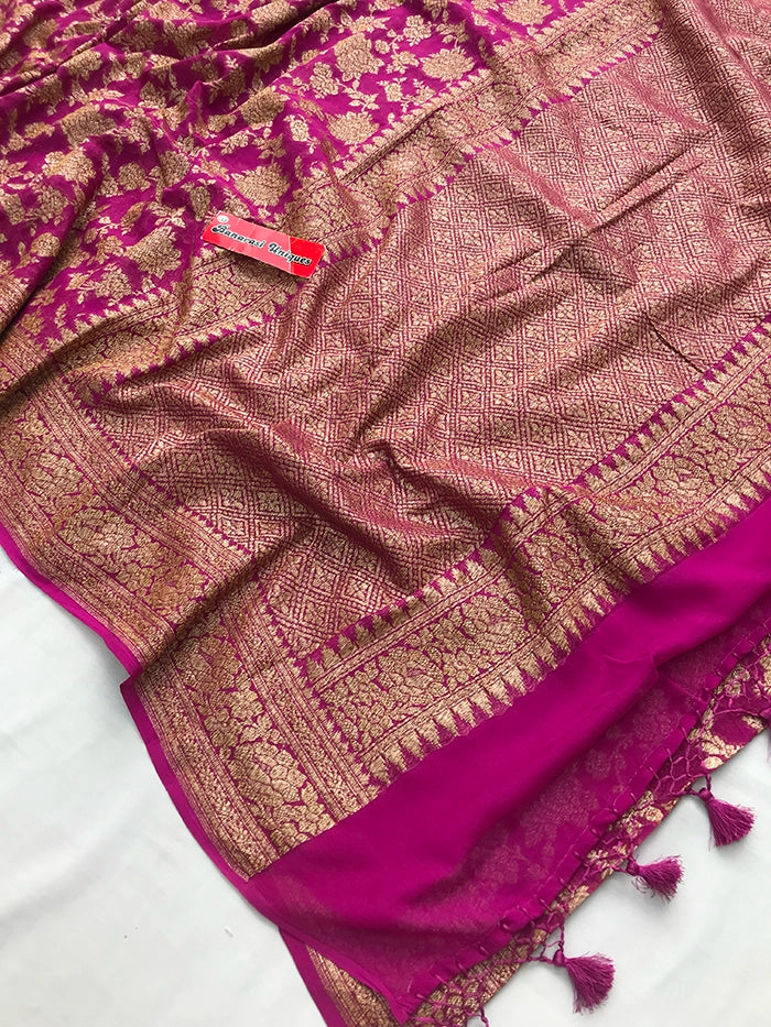KHADDI GEORGETTE GULAABO ANTIQUE ZARI SAREE - MAGENTA