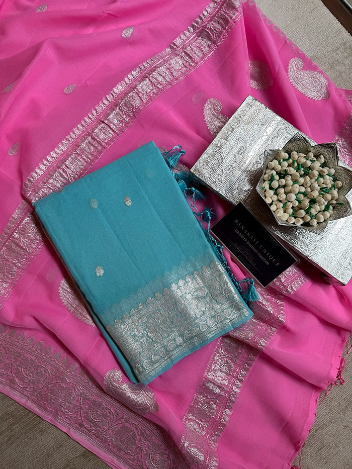 KHADDI CHIFFON SILVER ZARI KADHUWA SAREE - POWDER BLUE