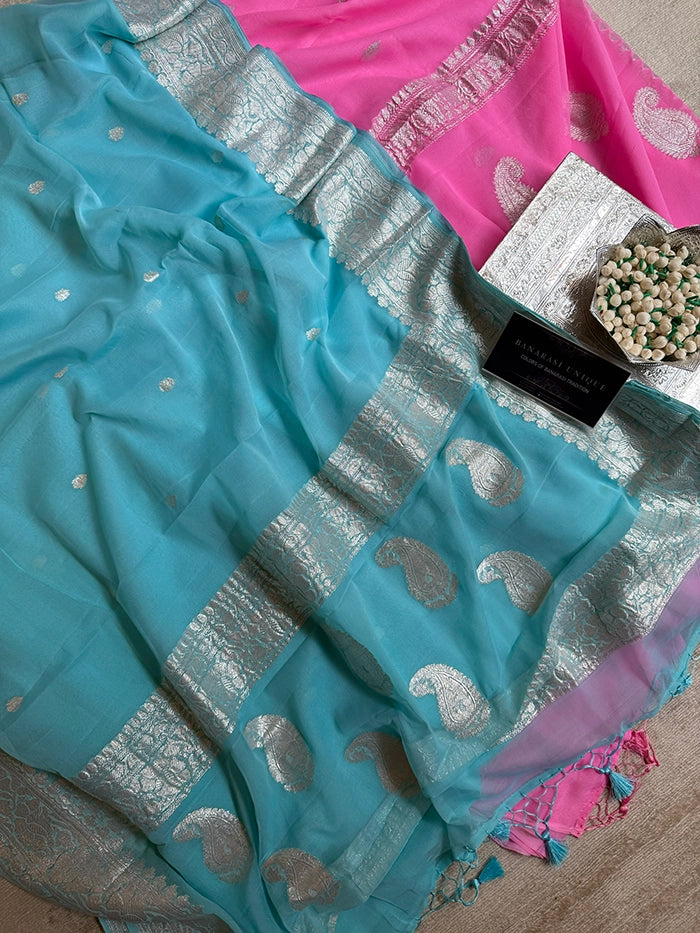 KHADDI CHIFFON SILVER ZARI KADHUWA SAREE - POWDER BLUE