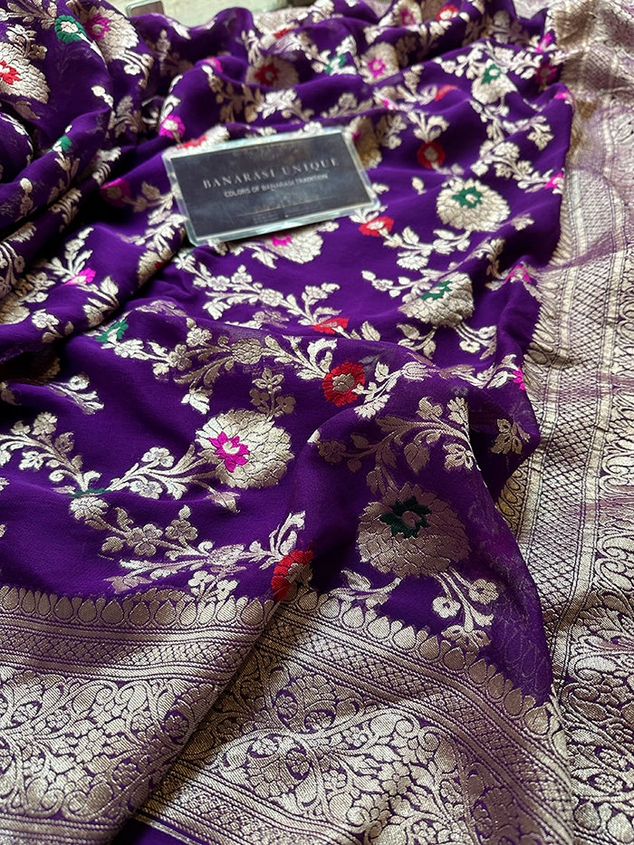 KHADDI GEORGETTE MEENAKARI WATER ZARI SAREE - PURPLE