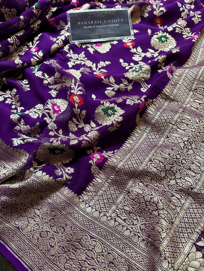KHADDI GEORGETTE MEENAKARI WATER ZARI SAREE - PURPLE