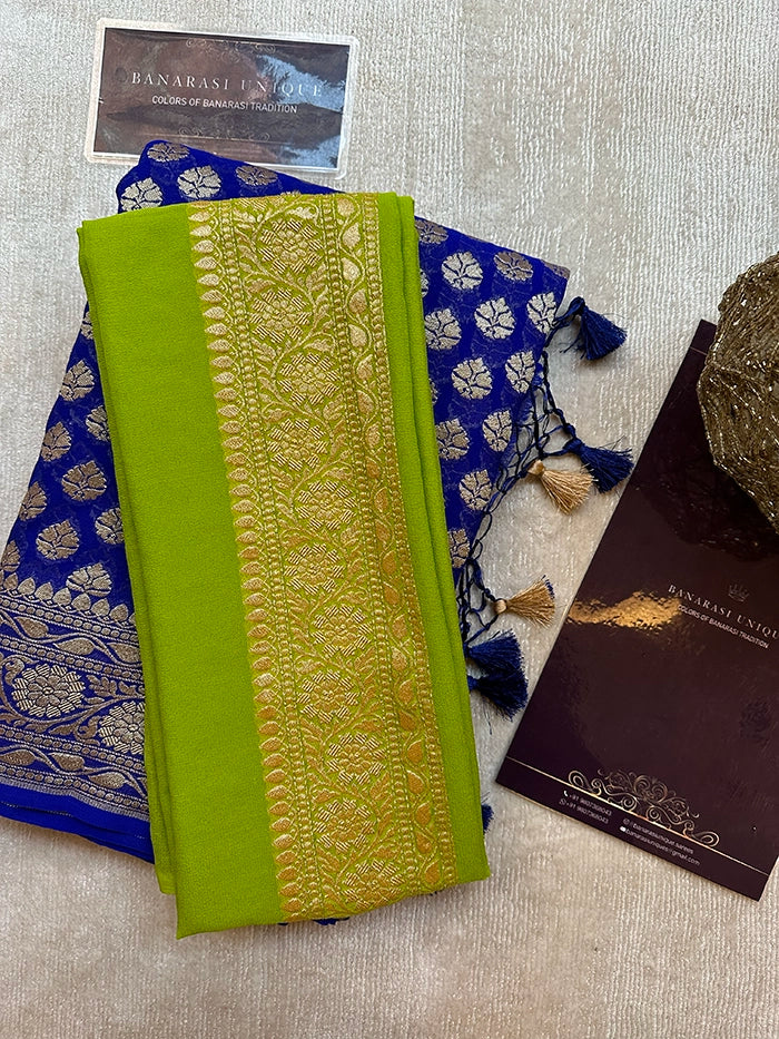 KHADDI GEORGETTE DOLLAR BUTI SILVER ZARI SAREE - ROYAL BLUE WITH NEON BLOUSE