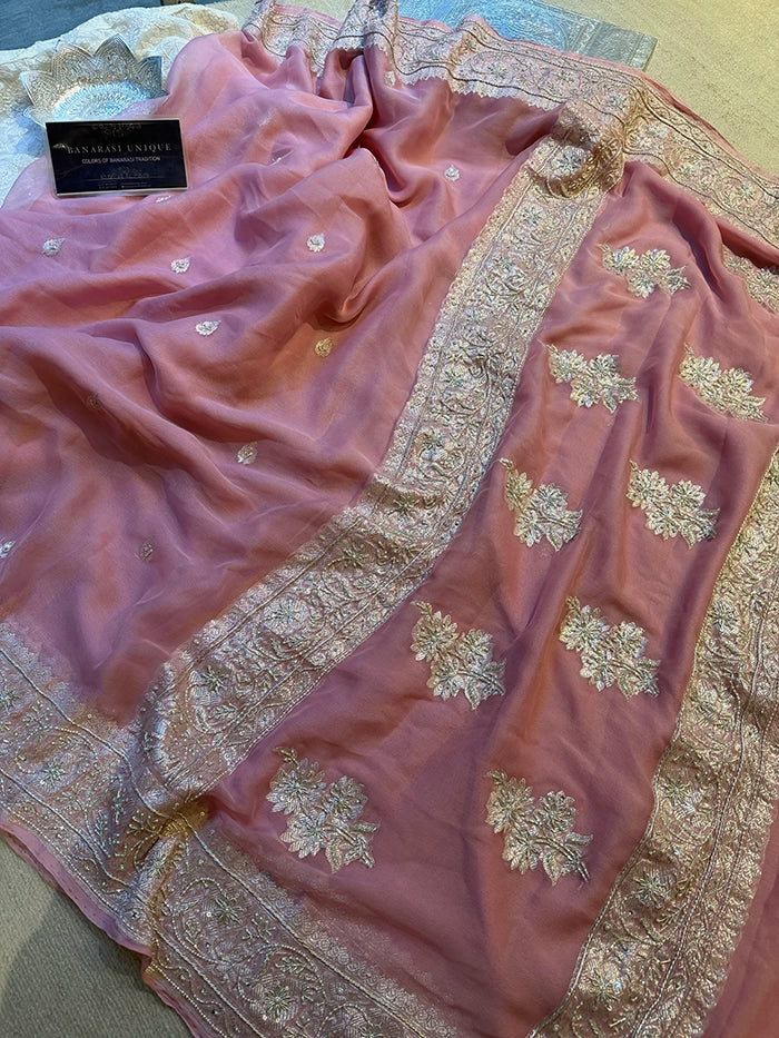 KHADDI CHIFFON ZARDOZI HAND EMBROIDERED SAREE - DUSTY PINK