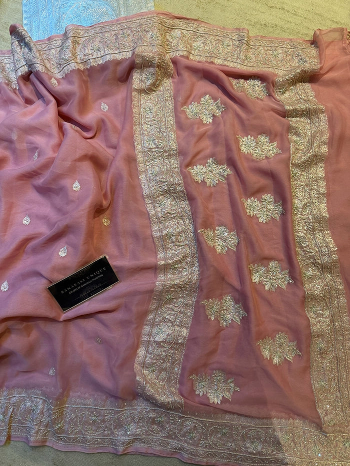 KHADDI CHIFFON ZARDOZI HAND EMBROIDERED SAREE - DUSTY PINK