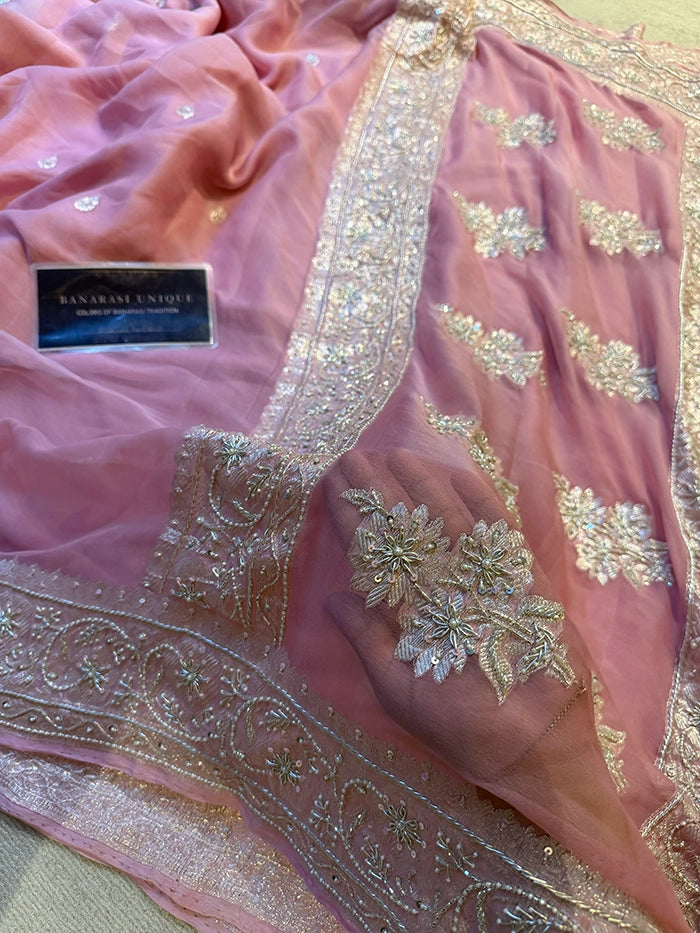 KHADDI CHIFFON ZARDOZI HAND EMBROIDERED SAREE - DUSTY PINK
