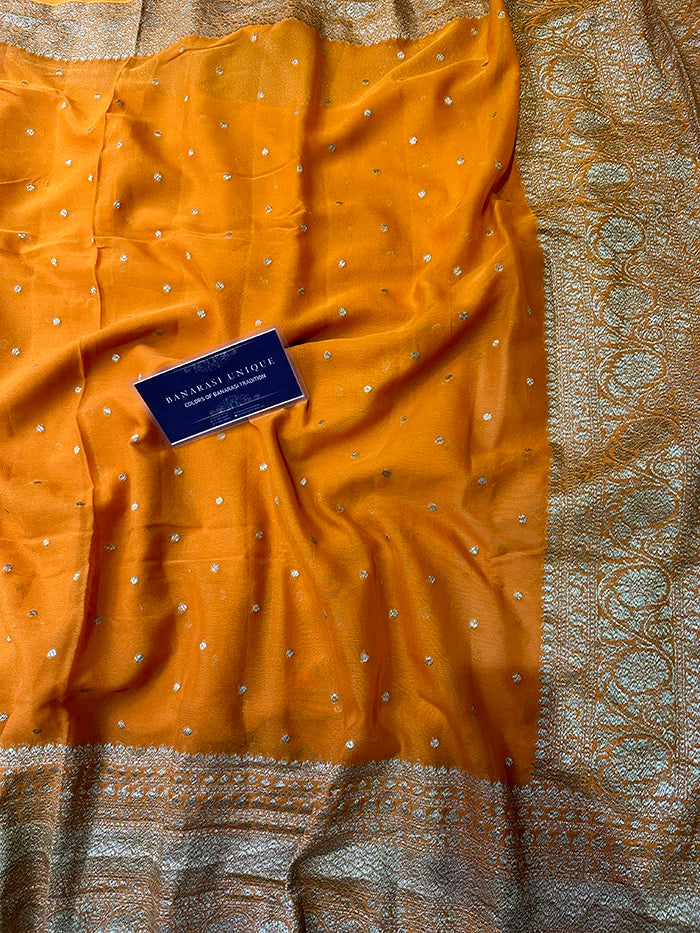 KHADDI GEORGETTE SKIRT BORDER CIRCLE BUTI ANTIQUE ZARI SAREE - RUSTY ORANGE