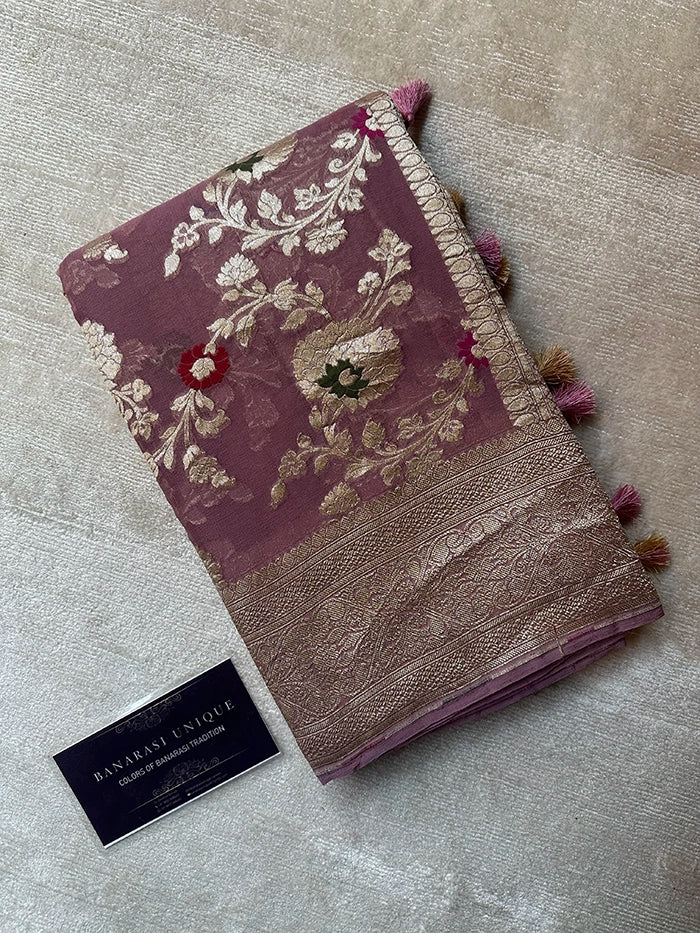 KHADDI GEORGETTE MEENAKARI WATER ZARI SAREE - MAUVE SHADE