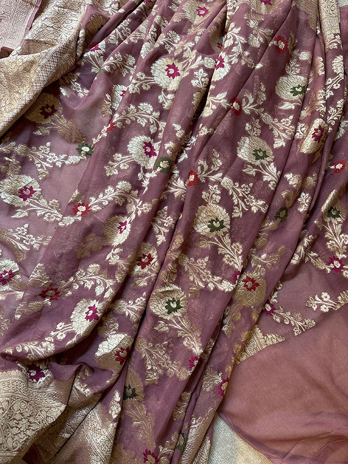 KHADDI GEORGETTE MEENAKARI WATER ZARI SAREE - MAUVE SHADE