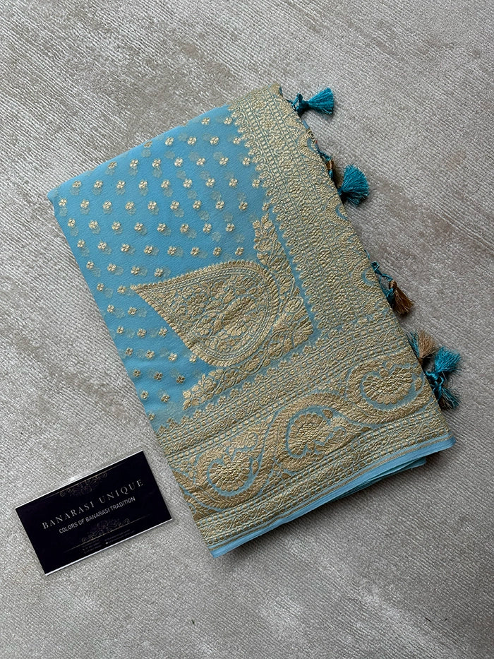 KHADDI GEORGETTE KONIA FOUR-PETAL BUTI GOLD ZARI SAREE - POWDER BLUE