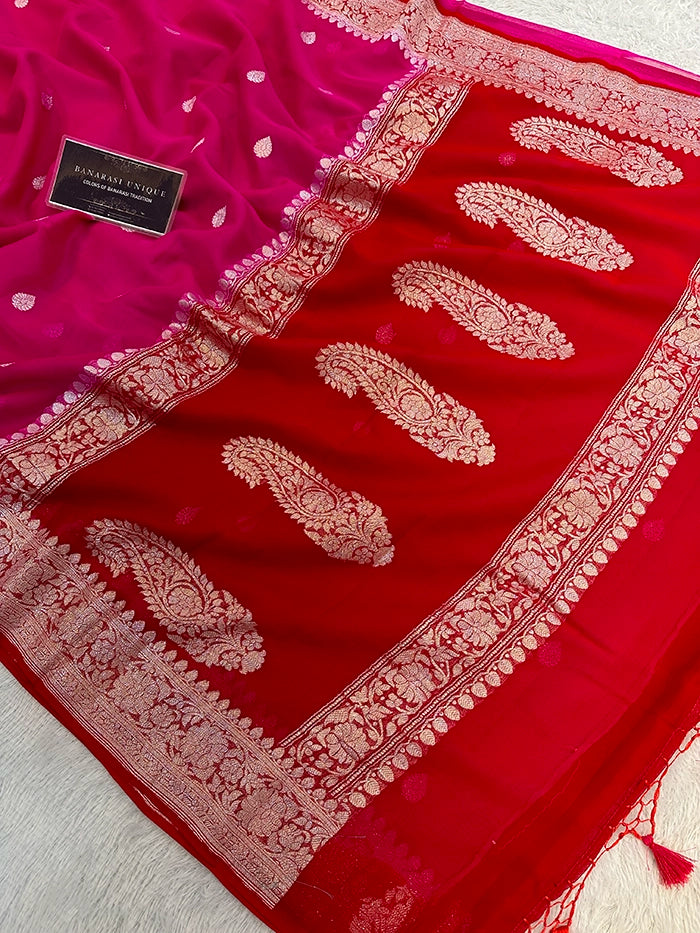 KHADDI CHIFFON SILVER ZARI KADHUWA SAREE - CONTRAST BORDER DEEP PINK WITH RED