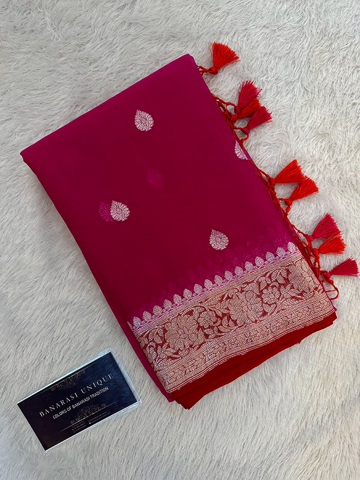 KHADDI CHIFFON SILVER ZARI KADHUWA SAREE - CONTRAST BORDER DEEP PINK WITH RED