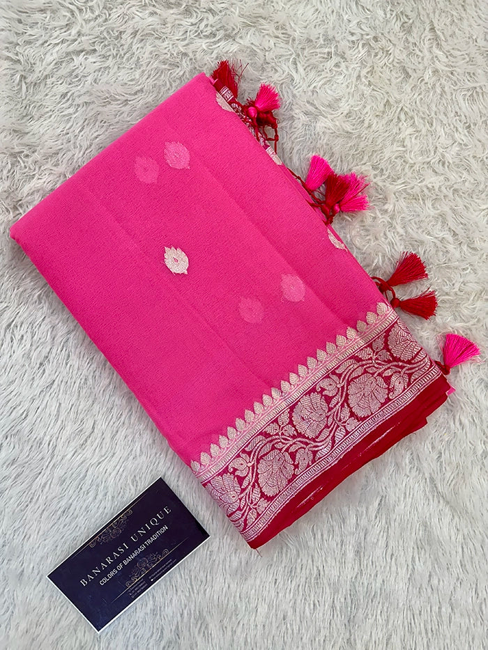 KHADDI CHIFFON SILVER ZARI KADHUWA SAREE - CONTRAST BORDER PINK WITH RED