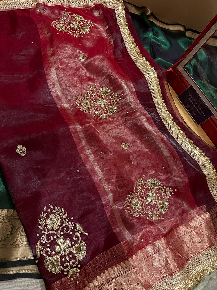 PURE TISSUE SILK VINE BUTA SAREE - DEEP WINE