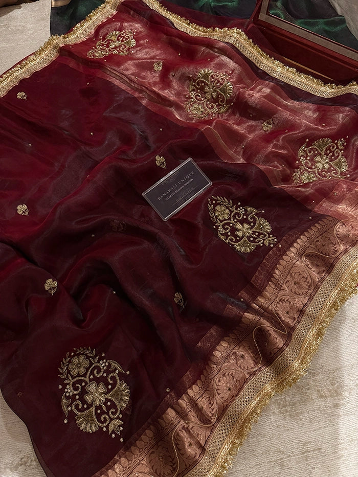 PURE TISSUE SILK VINE BUTA SAREE - DEEP WINE