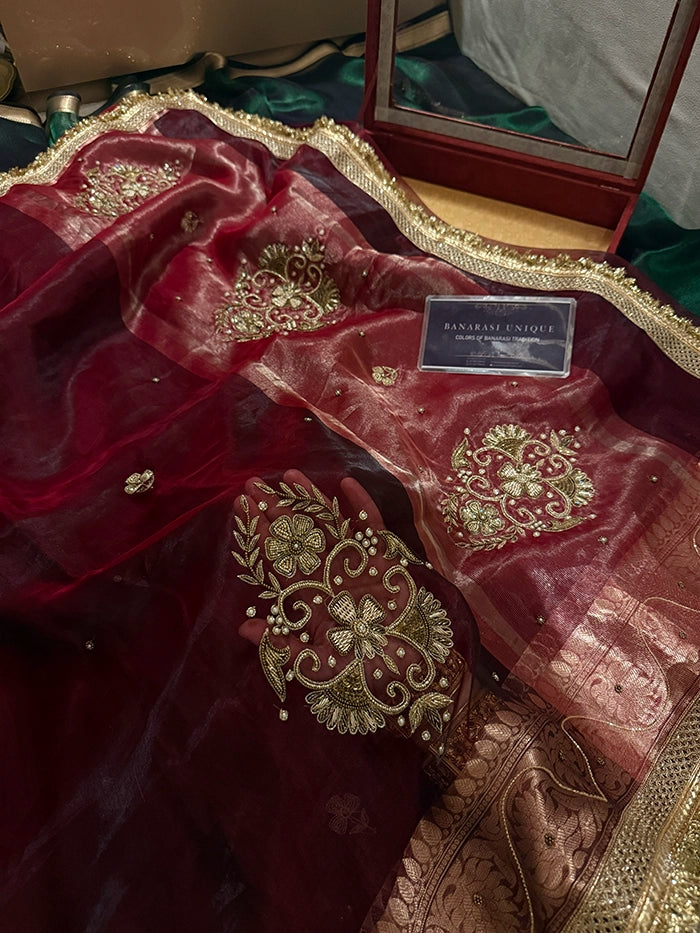 PURE TISSUE SILK VINE BUTA SAREE - DEEP WINE