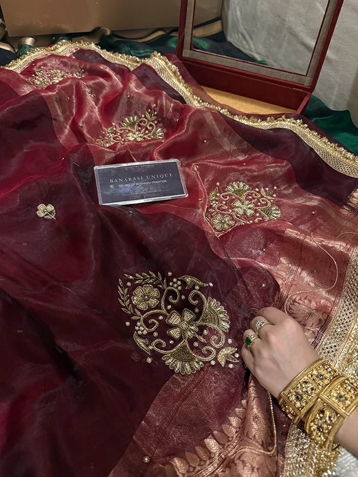 PURE TISSUE SILK VINE BUTA SAREE - DEEP WINE