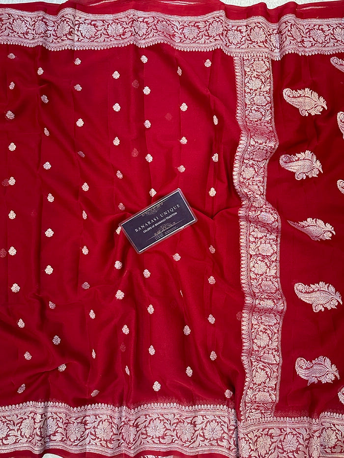 KHADDI CHIFFON SILVER ZARI KADHUWA SAREE - DEEP MAROON