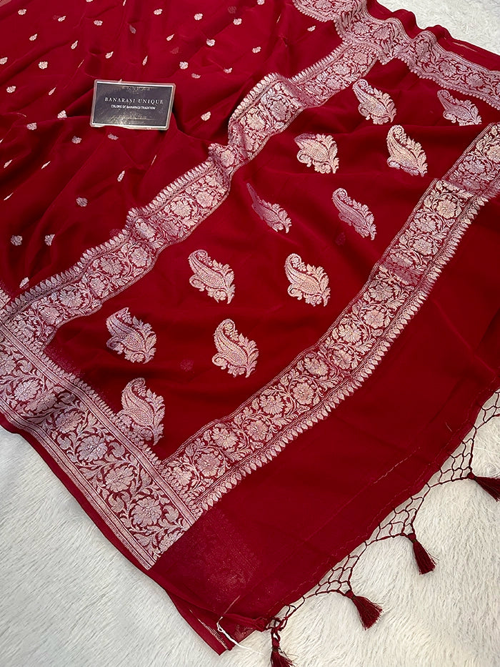 KHADDI CHIFFON SILVER ZARI KADHUWA SAREE - DEEP MAROON