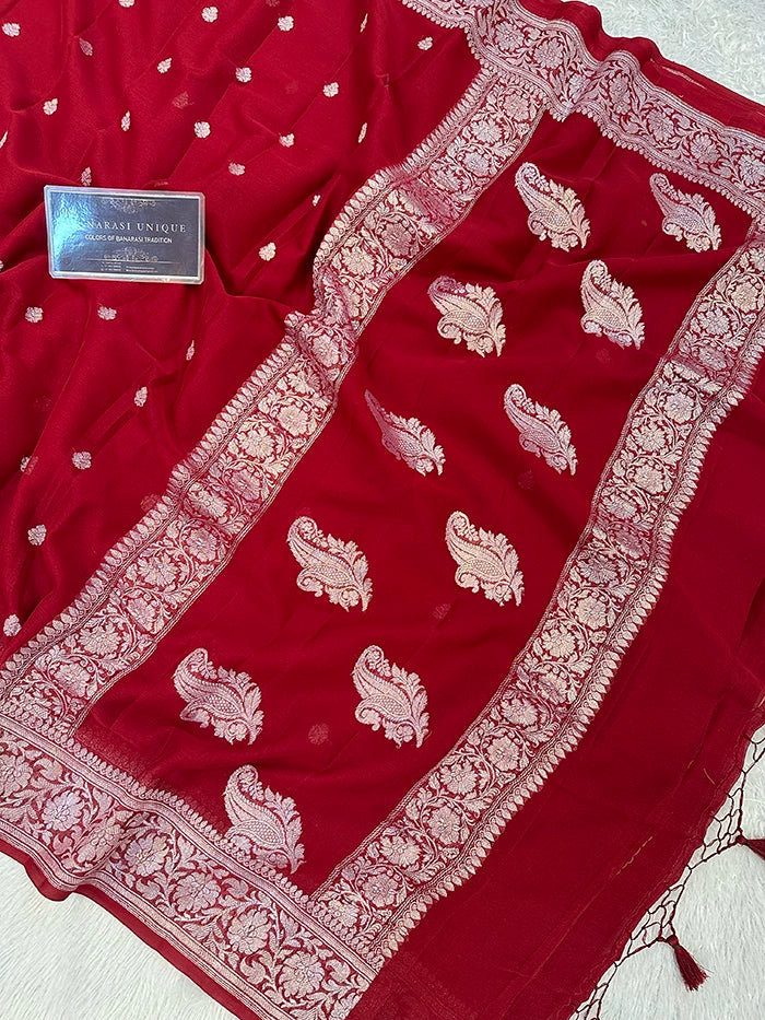KHADDI CHIFFON SILVER ZARI KADHUWA SAREE - DEEP MAROON