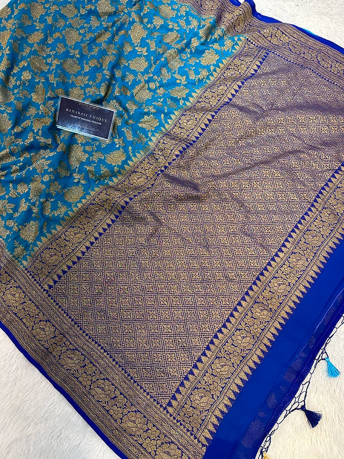 KHADDI GEORGETTE GULAABO ANTIQUE ZARI SAREE - CONTRAST BORDER RAMA WITH BLUE