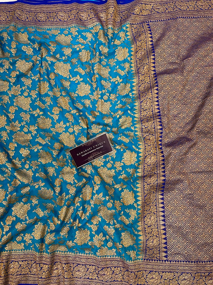 KHADDI GEORGETTE GULAABO ANTIQUE ZARI SAREE - CONTRAST BORDER RAMA WITH BLUE