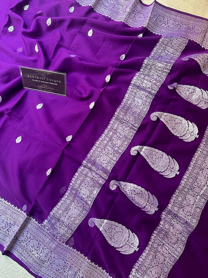 KHADDI CHIFFON SILVER ZARI KADHUWA SAREE - PURPLE