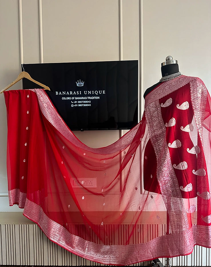KHADDI CHIFFON SILVER ZARI KADHUWA SAREE - DEEP RED