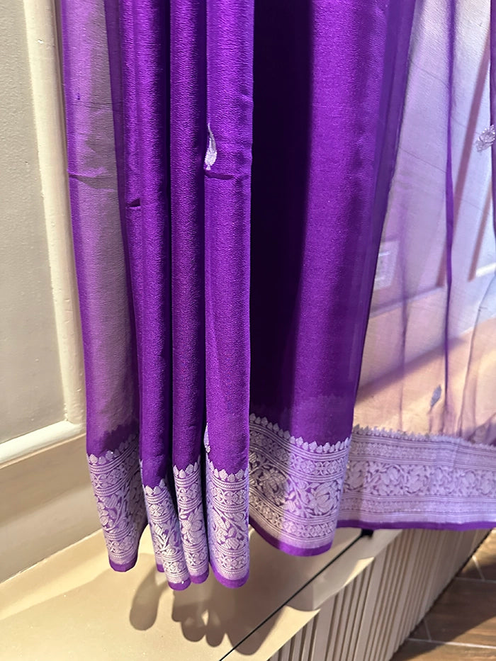 KHADDI CHIFFON SILVER ZARI KADHUWA SAREE - PURPLE