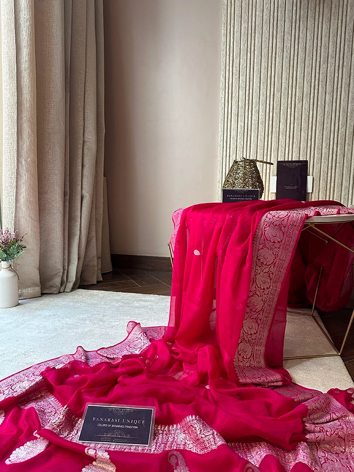 KHADDI CHIFFON SILVER ZARI KADHUWA SAREE - FUCHSIA PINK
