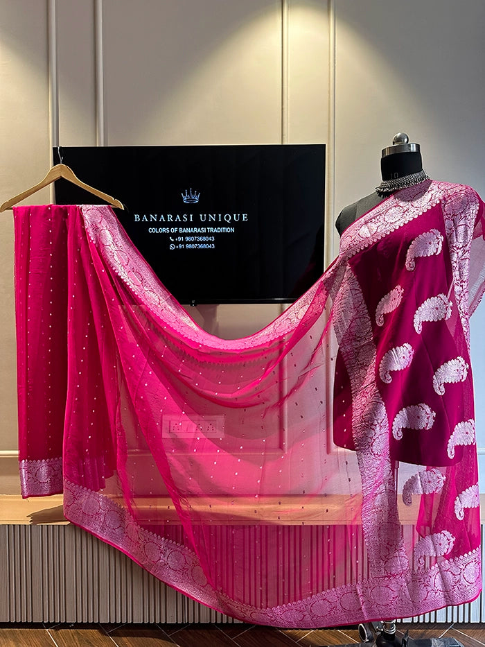 KHADDI CHIFFON HAZARA BUTI SAREE - RANI PINK