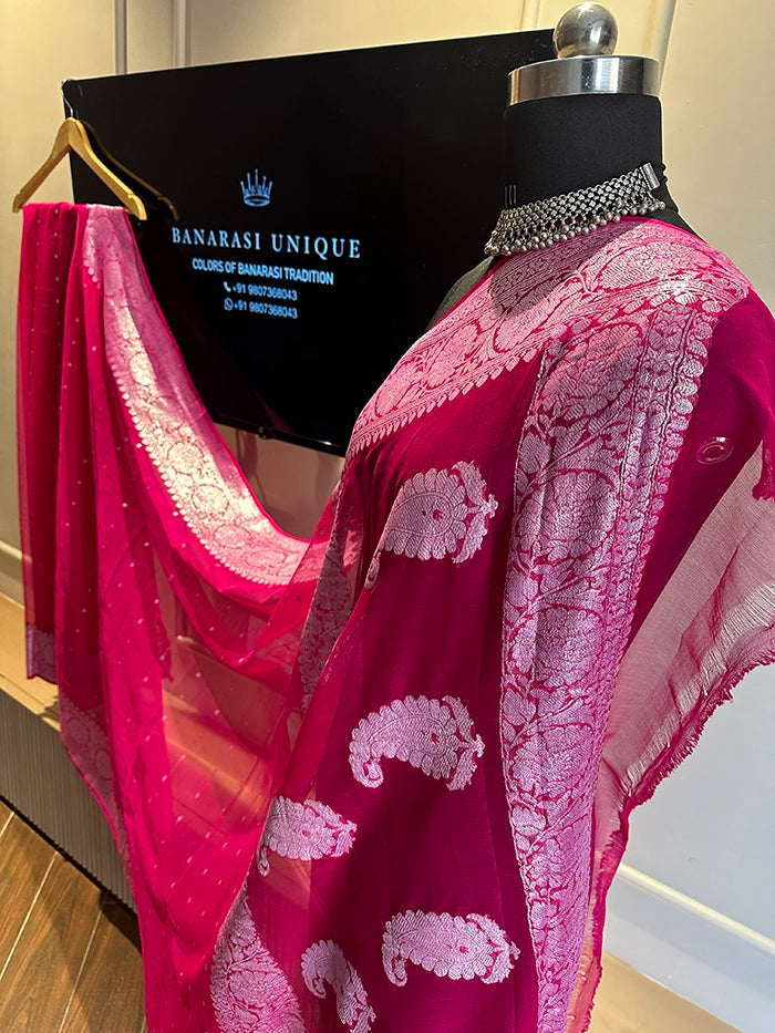 KHADDI CHIFFON HAZARA BUTI SAREE - RANI PINK