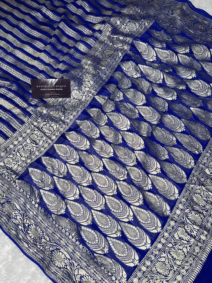 KHADDI GEORGETTE STRIPES WATER ZARI SAREE - ROYAL BLUE