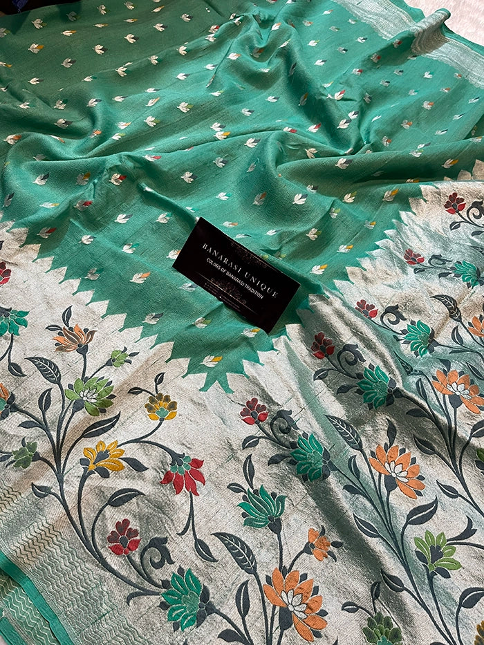 TUSSAR GEORGETTE PATHANI BORDER SAREE - PISTA GREEN