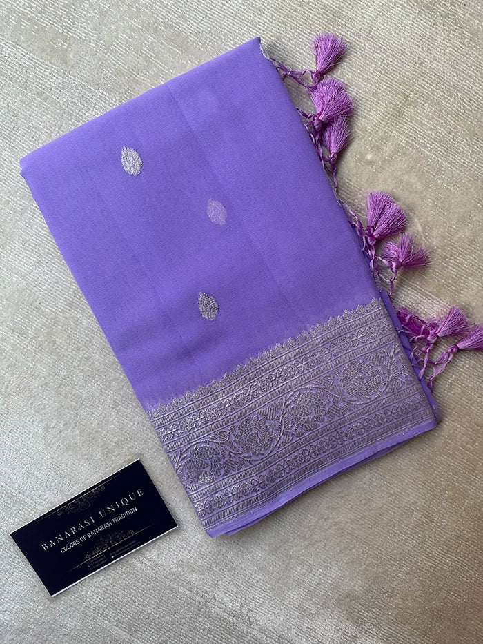 KHADDI CHIFFON SILVER ZARI KADHUWA SAREE - LAVENDER