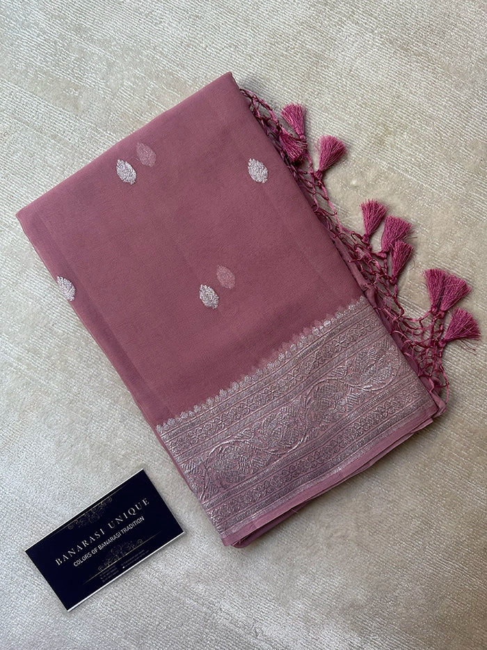 KHADDI CHIFFON SILVER ZARI KADHUWA SAREE - MAUVE