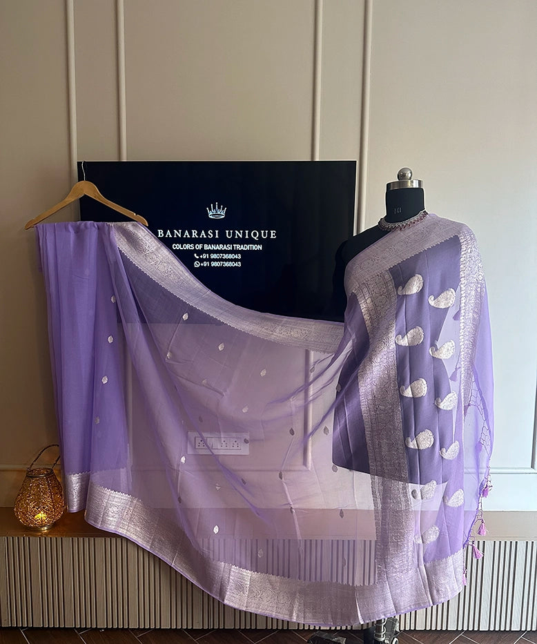 KHADDI CHIFFON SILVER ZARI KADHUWA SAREE - LAVENDER