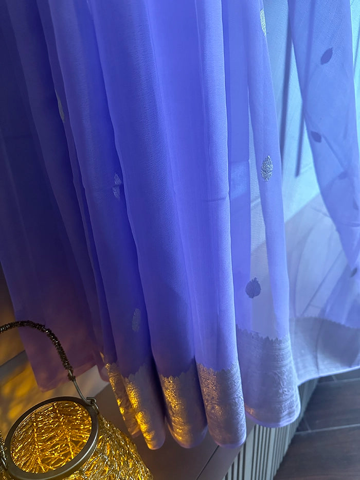 KHADDI CHIFFON SILVER ZARI KADHUWA SAREE - LAVENDER