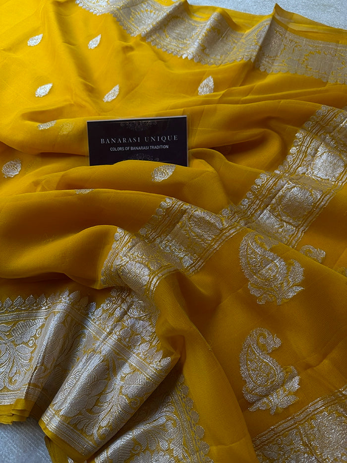 KHADDI CHIFFON SILVER ZARI KADHUWA SAREE - MUSTARD