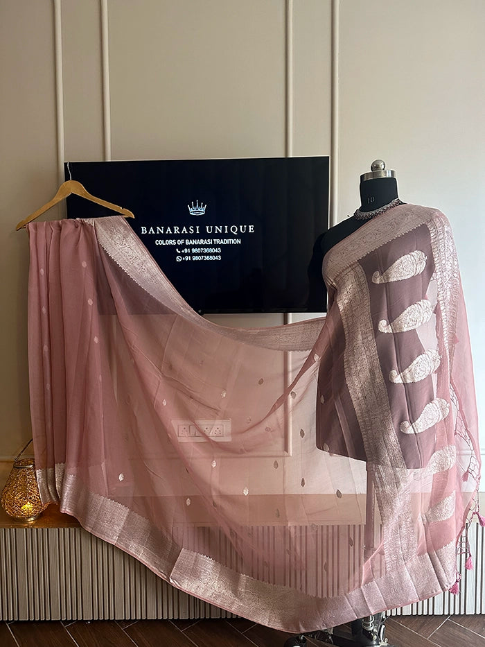 KHADDI CHIFFON SILVER ZARI KADHUWA SAREE - MAUVE