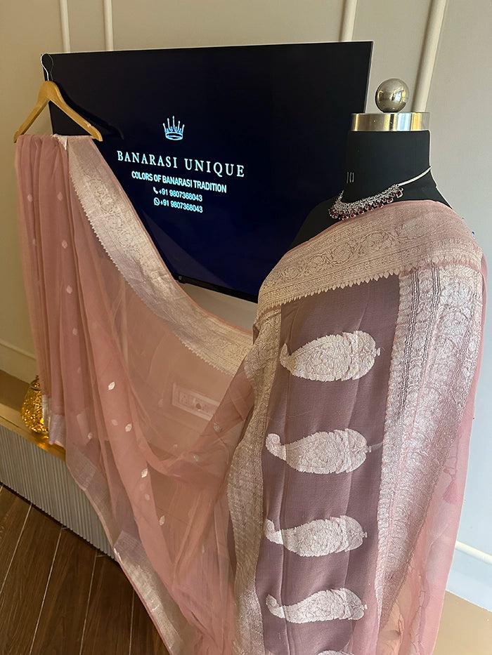 KHADDI CHIFFON SILVER ZARI KADHUWA SAREE - MAUVE